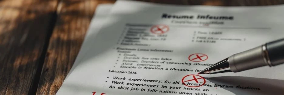 A professional is reviewing a resume filled with red correction marks that highlight common mistakes, emphasizing the importance of using professional resume templates and relevant skills to impress hiring managers. The scene suggests a focus on the resume writing process, aimed at helping job seekers land their dream job.